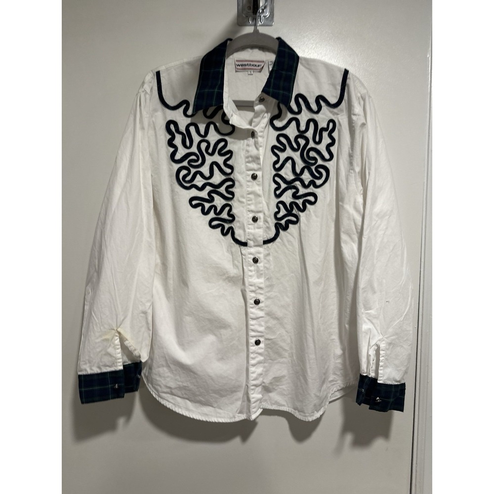 VTG Westbound Roper Sz: L Cotton Western Rodeo shirt plaid embroidery squiggle